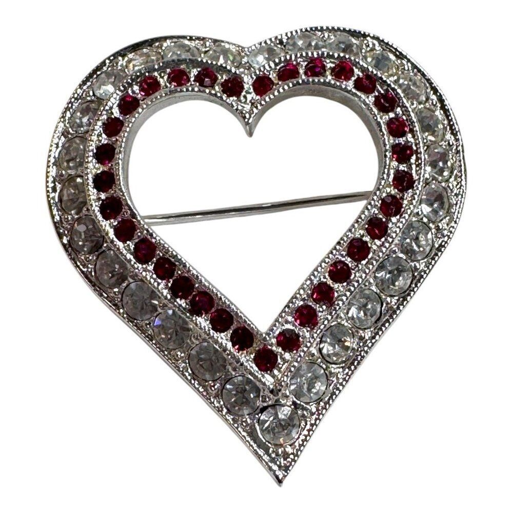 Vintage Napier Heart Brooch Pin Red & Clear Rhinestones Silver-Tone Valentines